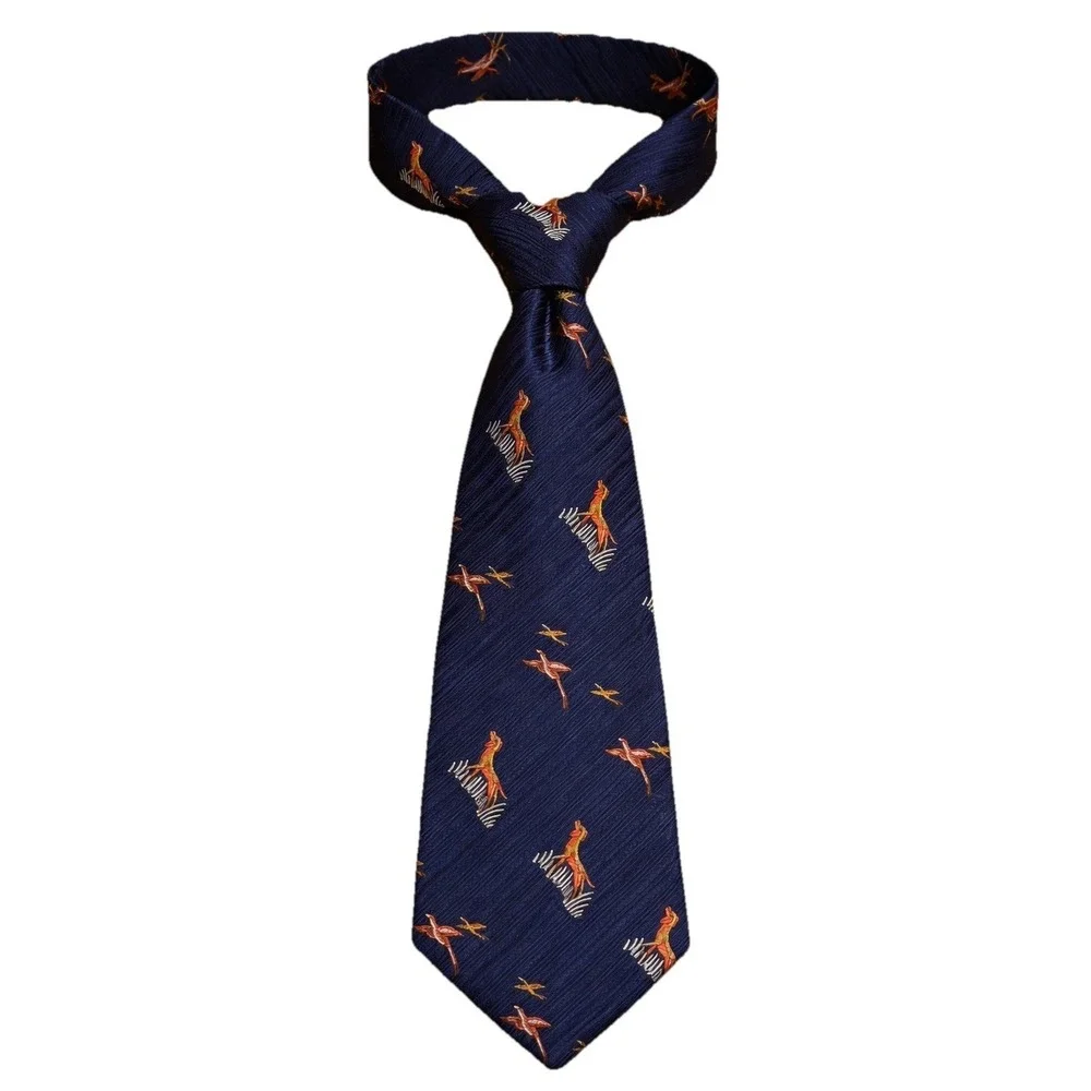 Vintage 70's Bird Hunting Dogs‎ Print Resilio Neck Tie Navy Embroidered Kucharos